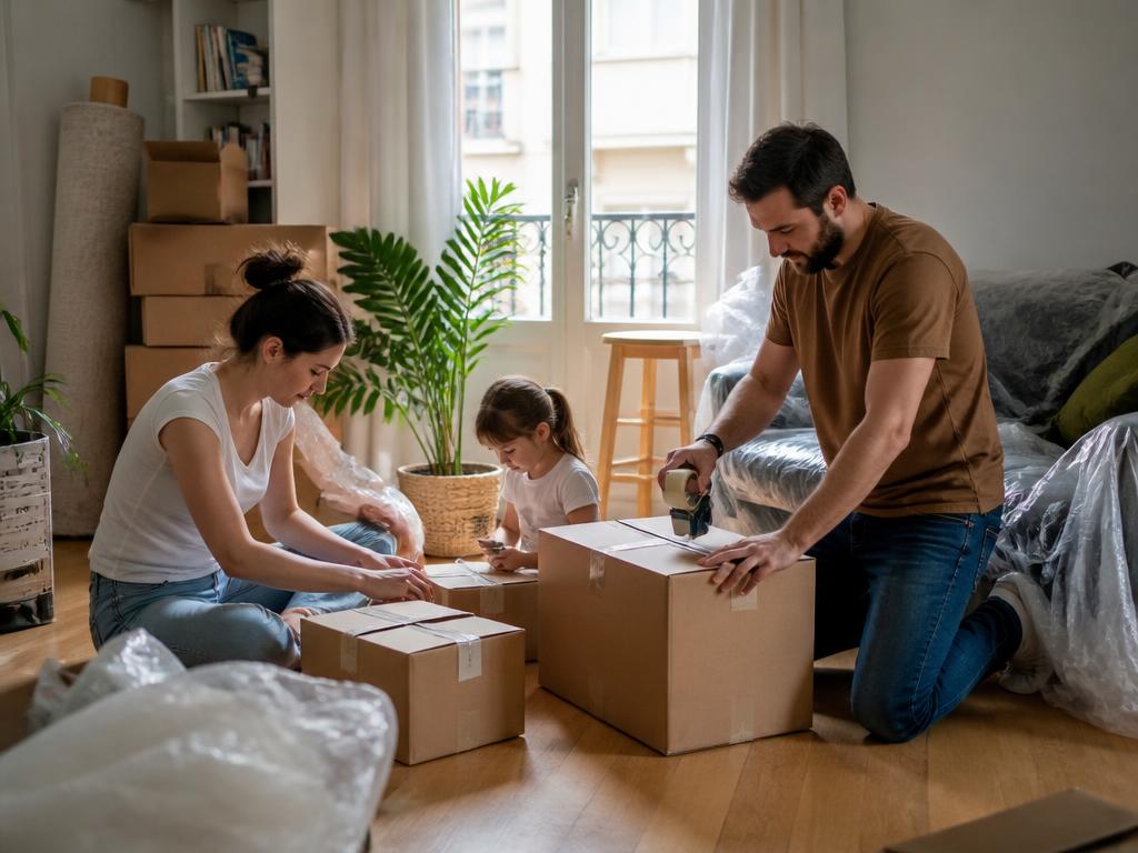 Une famille souriante emballe des cartons dans son salon avant un déménagement