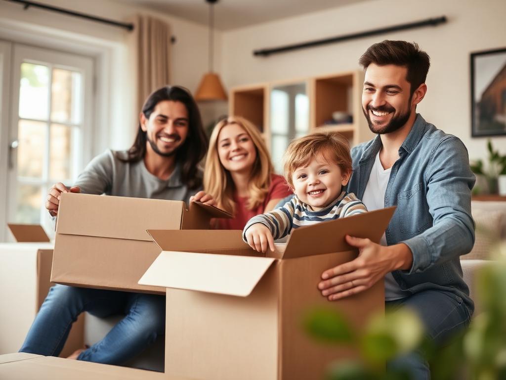 Une famille souriante emballe des cartons dans son salon avant un déménagement