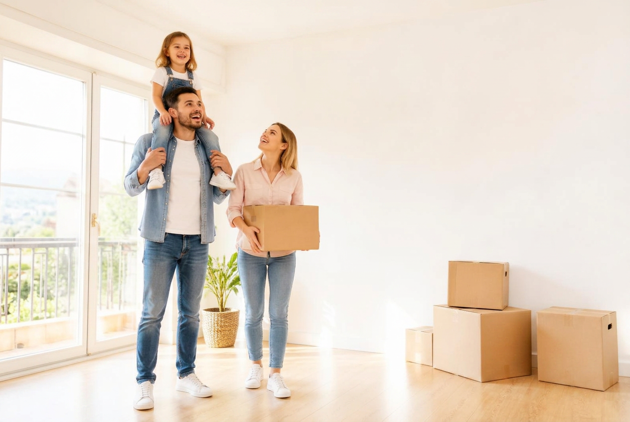 Affaires de déménagement : canapé, cartons, tapis et objets divers prêts à transporter
